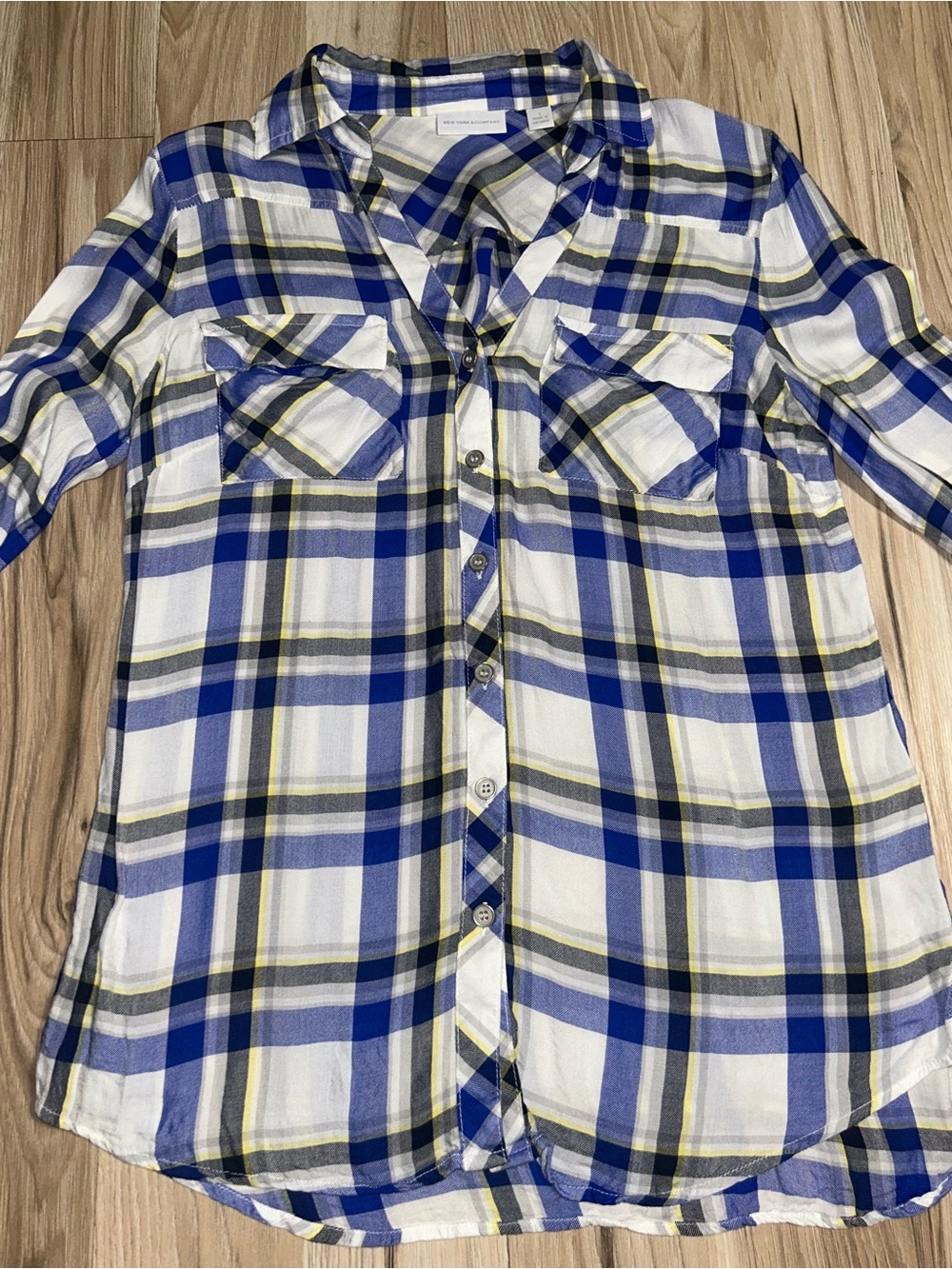 New York & Company Blue White and Black Plaid Button-Up Blouse